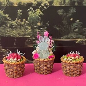Miniature Wicker Basket Trio handcrafted with dried Floral Accents bunny spring